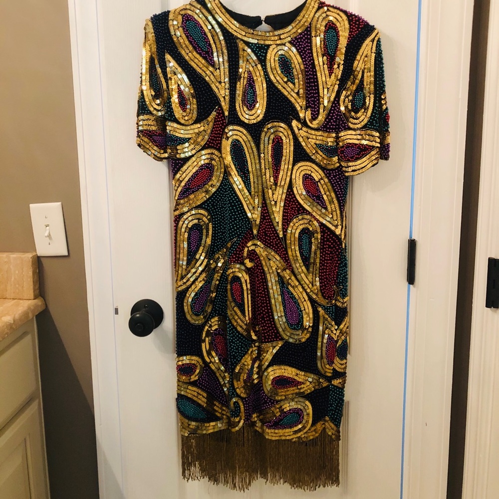 Retro Sequin Beaded Paisley 1990’s Cocktail Dress